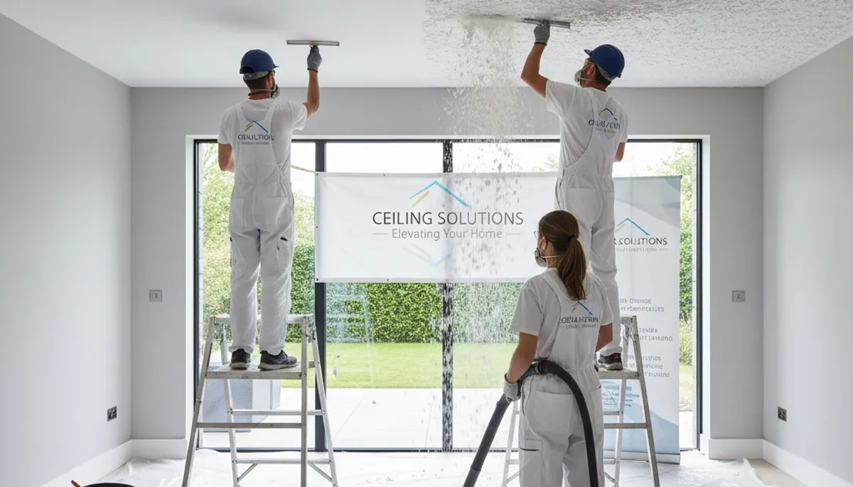 Technician removing popcorn ceiling in a Saint Petersburg FL home for smooth modern finish